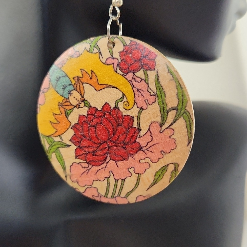 Hand Painted Wooden Floral Dangle Earrings Boho Cottagecore Lightweight - Picture 3 of 4